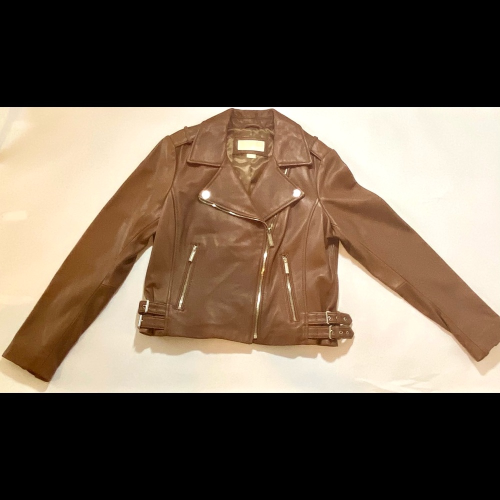 MICHAEL Michael Kors Brown Leather Moto Jacket. L